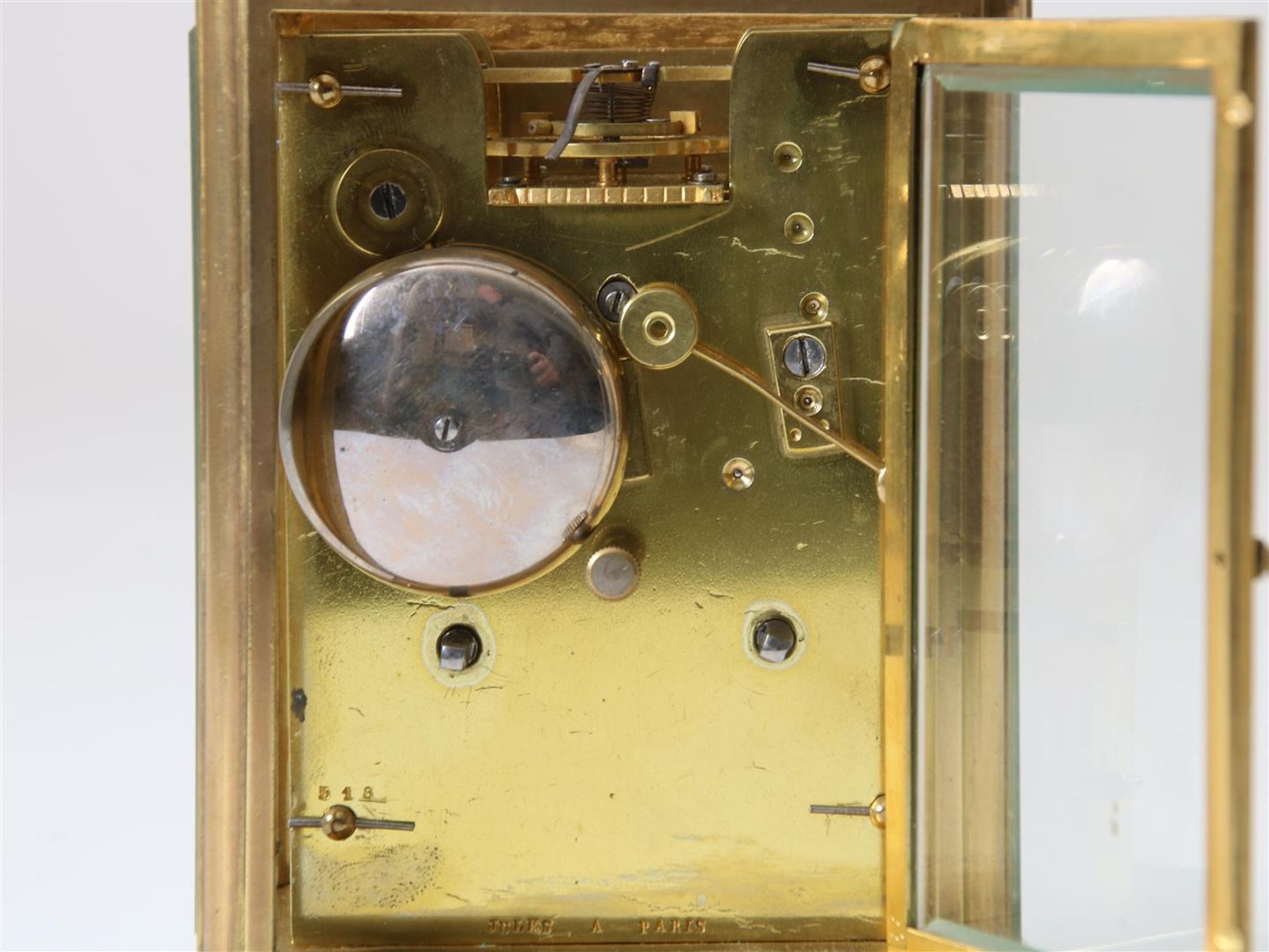 Gilt brass travel clock 'one-piece' with 'Jules escapement', enamel dial with Roman numerals, - Image 6 of 8