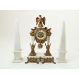 Partly zamak Empire-style mantel clock, crowned with eagle, 2 marble pillars and winged sphinxes,