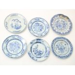 A lot of 6 porcelain Qianlong plates, decorated in blue with flowers and landscapes, China 18th