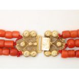 3-row red coral necklace with filigree decorated gold clasp, Zeeuws-Vlaanderen, gross weight 47.8