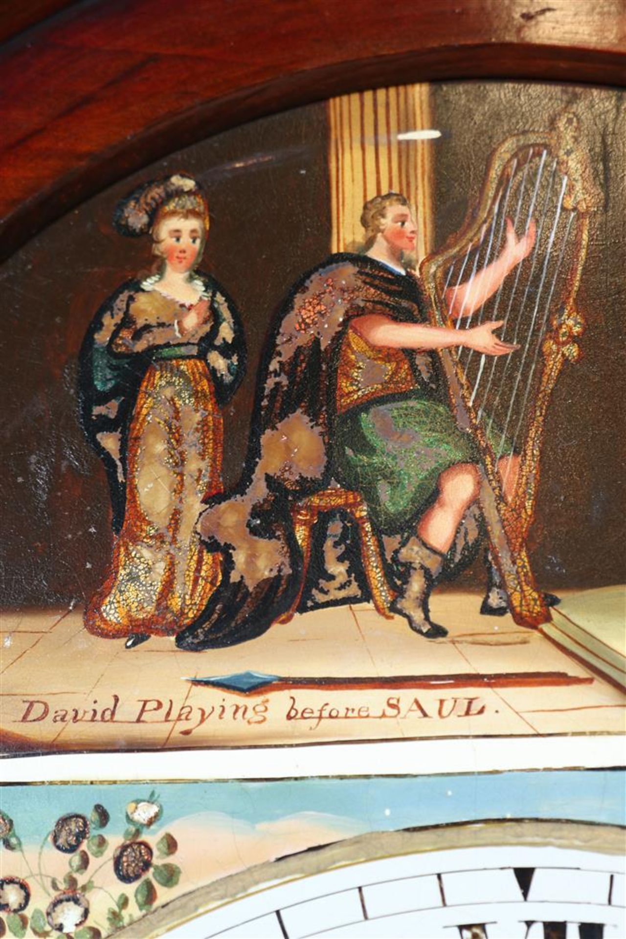 Longcase watch with painted dial, images of "David Playing before Saul" and the 4 seasons, England - Image 6 of 10