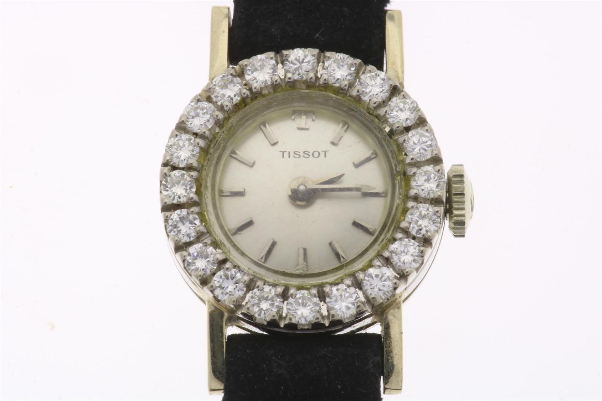 White gold women's wristwatch on a velvet leather strap, case set with brilliant-cut diamonds, - Image 2 of 2