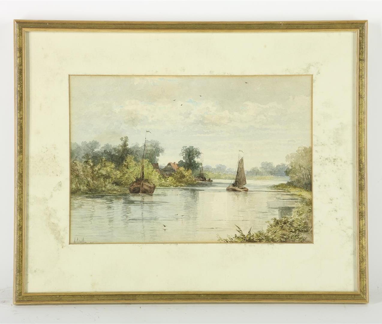 Sebastiaan Mattheus De Ranitz (1847-1917) River view with ships, signed lower right, watercolor 24 x - Image 2 of 4