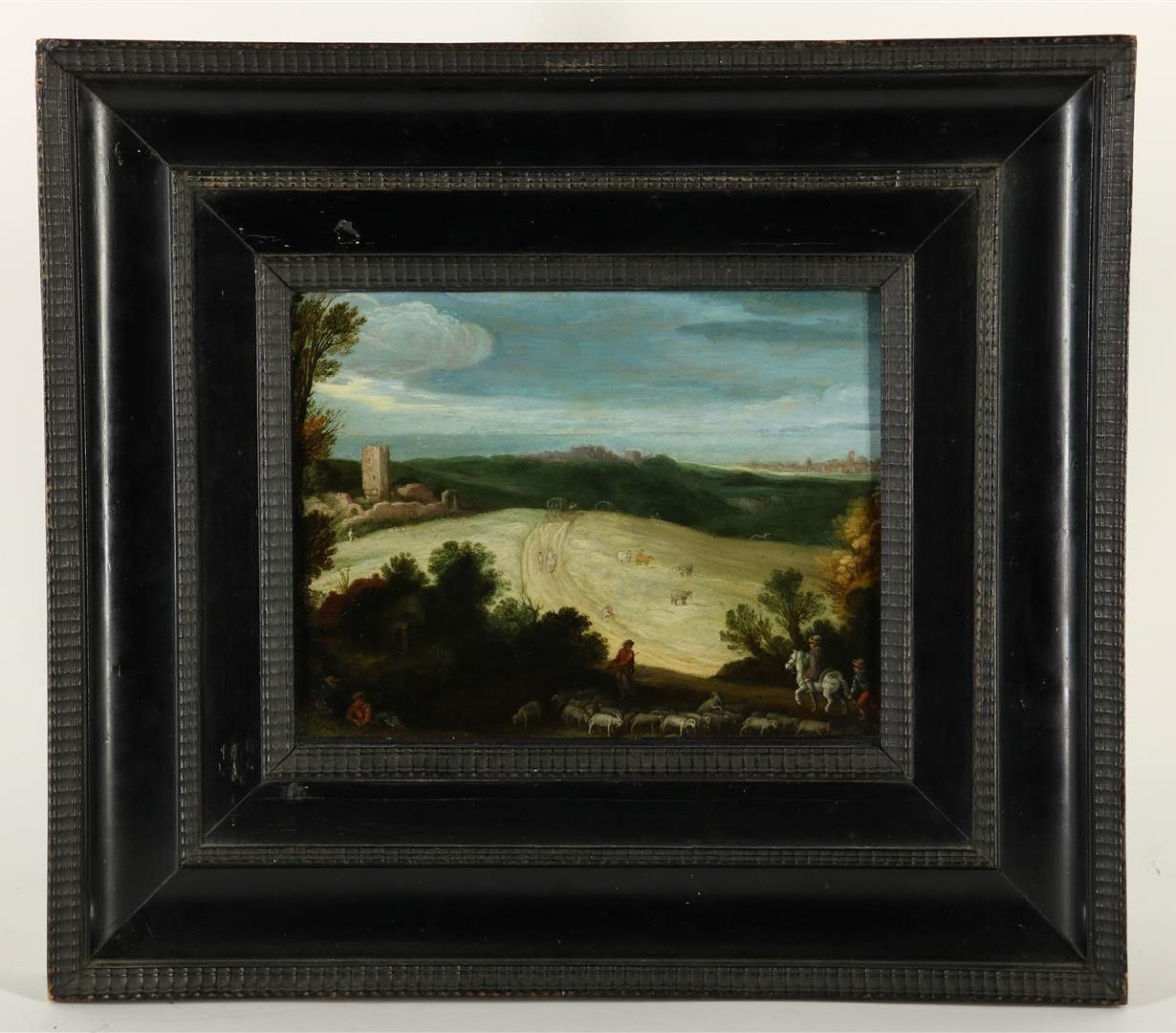 Atelier Paul Bril (1554-1626) Atelier Paul Bril (ca.1620) "Landscape with herds, travelers and - Image 2 of 7