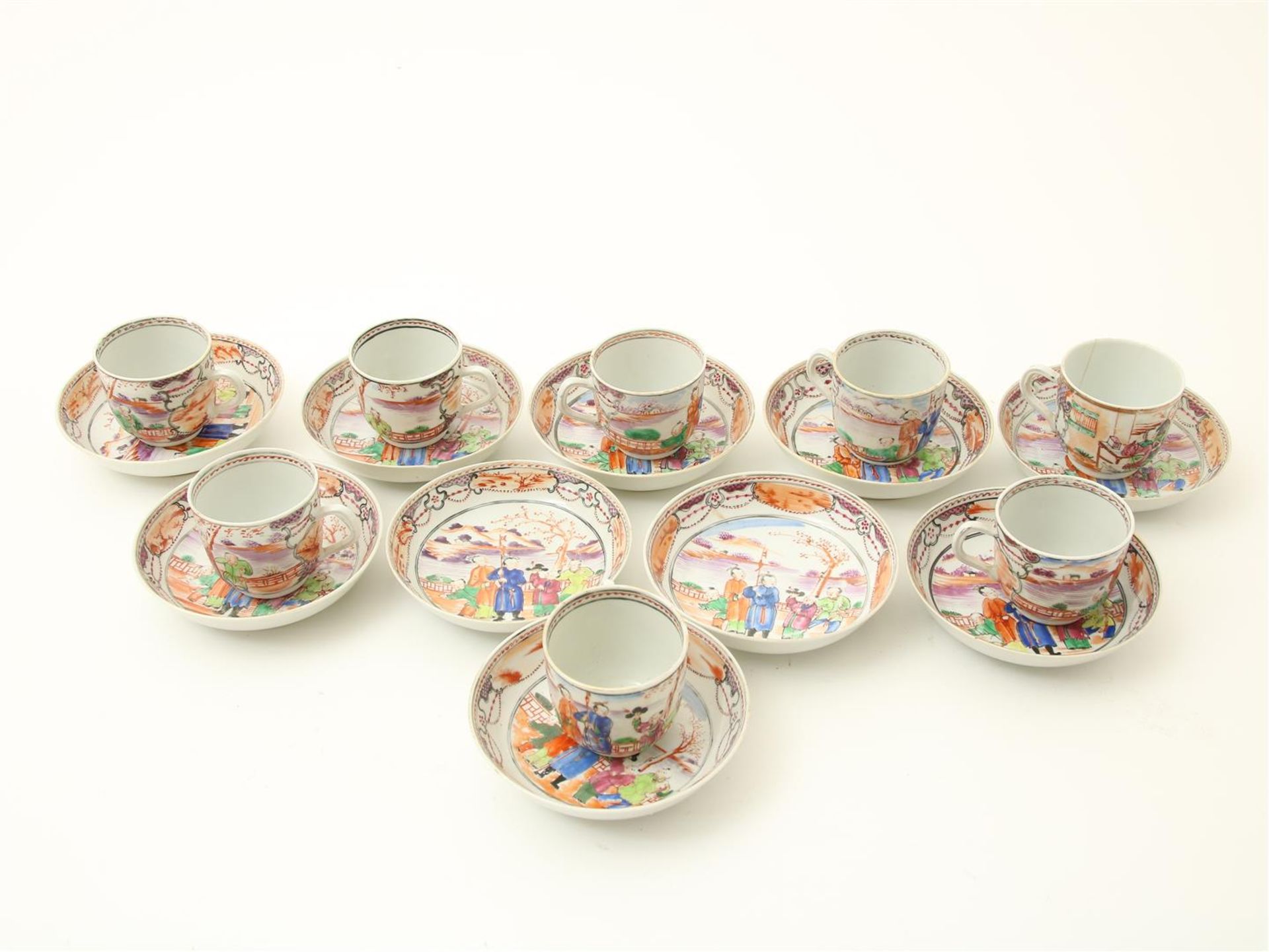 Series of 8 Qianlong porcelain cups and 10 saucers with mandarin decor of figures in landscape,