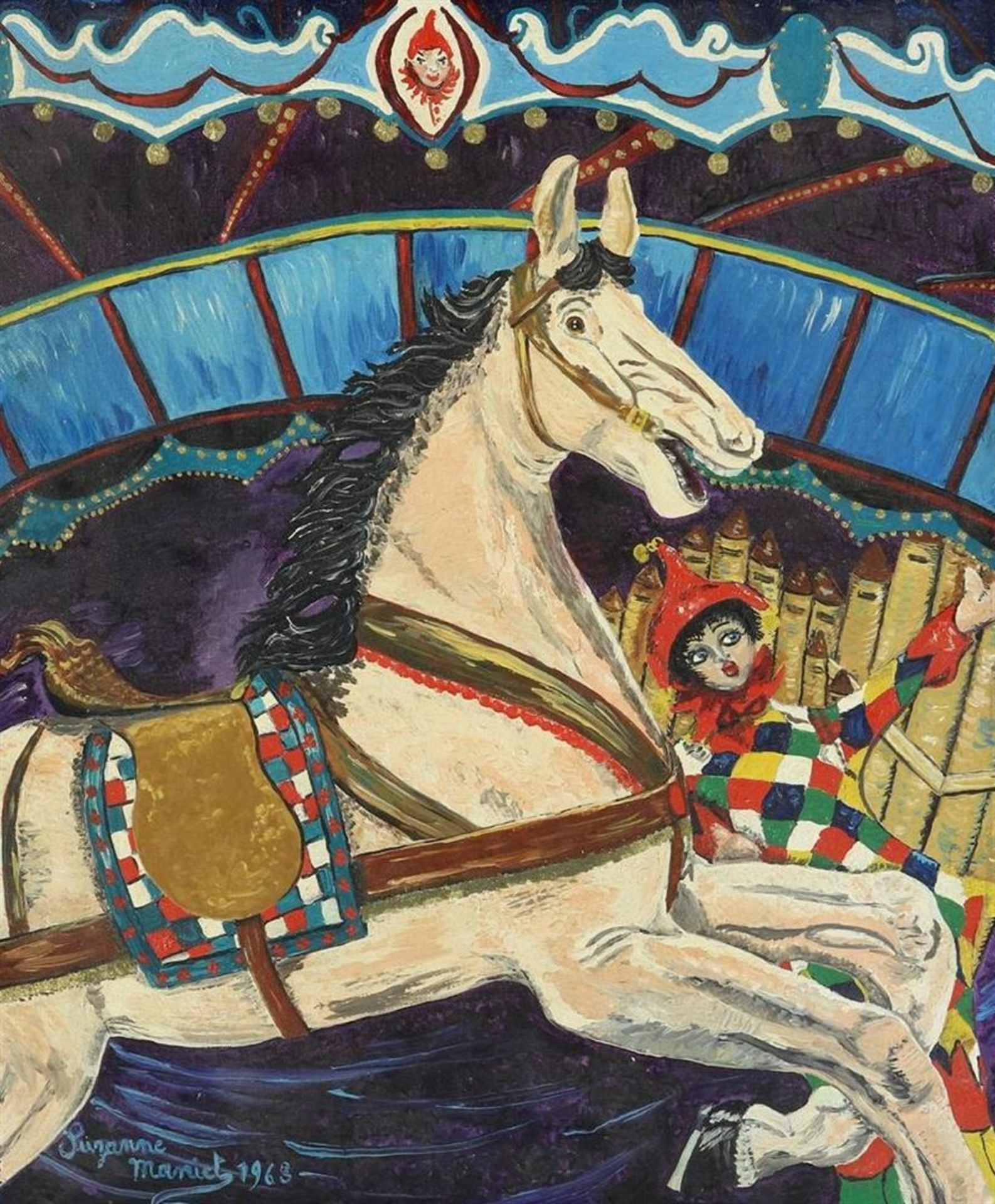 Suzanne Maniet (1911-) Carousel, signed lower left and dated 1968, canvas 60 x 50 cm.