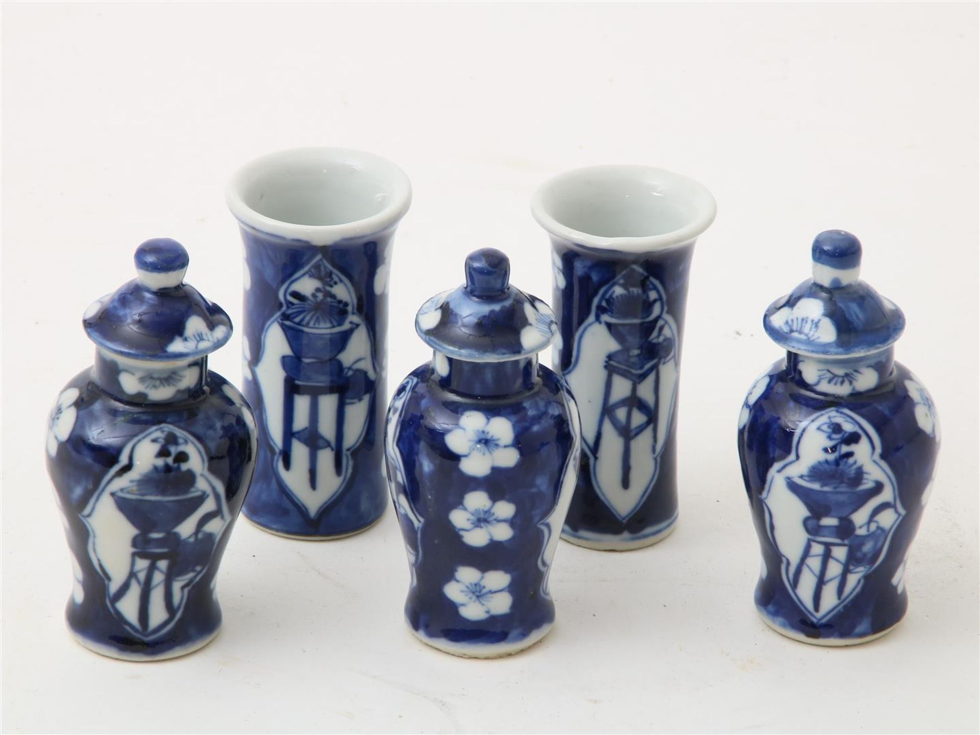 Porcelain miniature cupboard set, lidded vases and 2 tube vases decorated with cracked ice decor and - Image 3 of 4