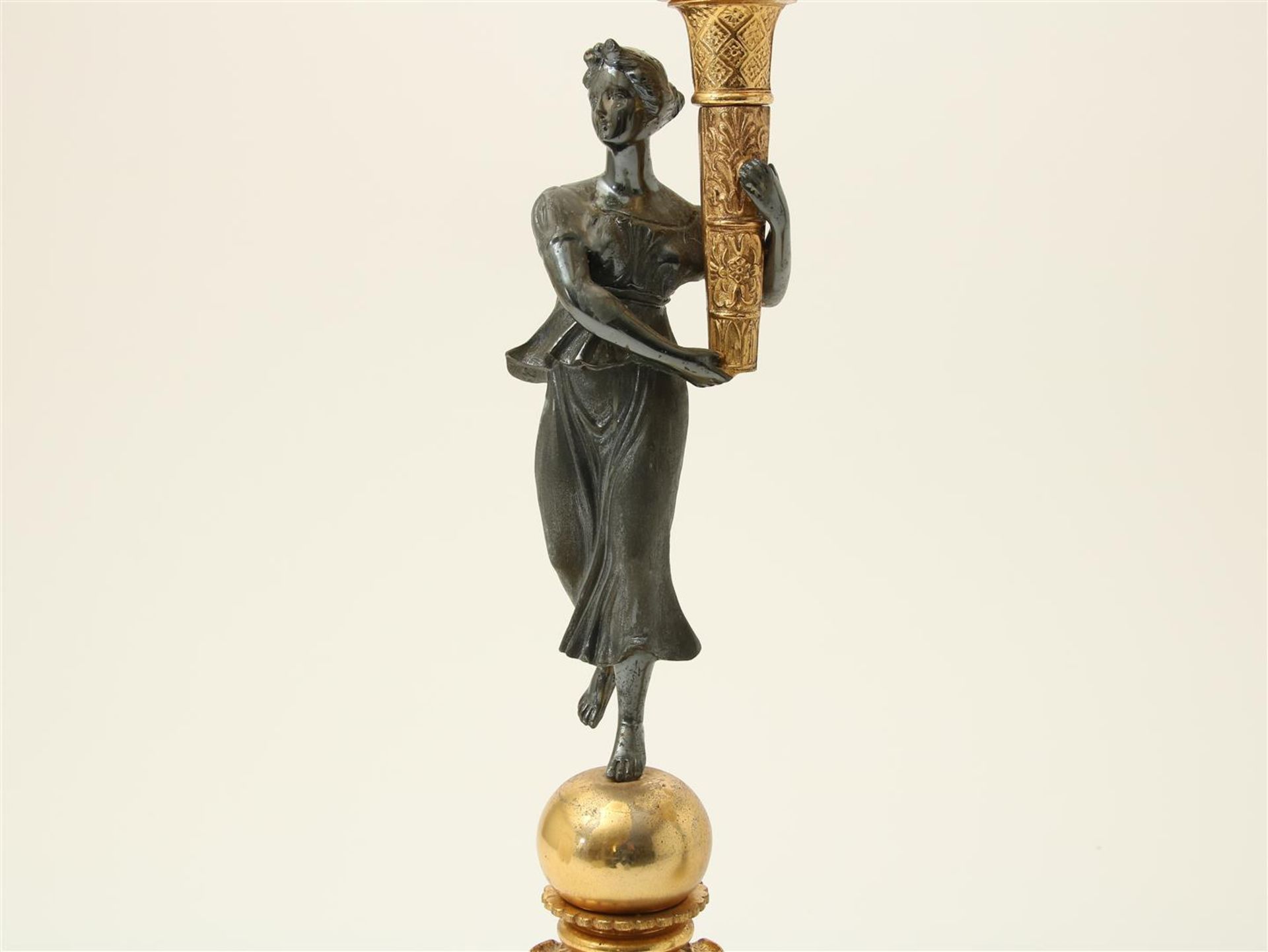 Set of bronze Empire style 5 light candlesticks carried by man and woman, France 20th century, - Image 3 of 6