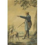 Hunter with dog, unsigned, 19th century, mixed media on paper, 32 x 23 cm.