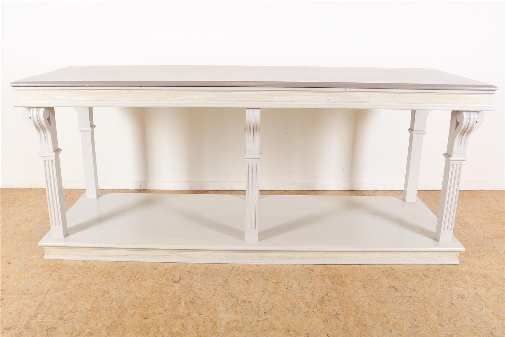 Oak white-painted side table with gray painted top on 6 block legs connected by platform, 82 x 200 x