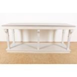 Oak white-painted side table with gray painted top on 6 block legs connected by platform, 82 x 200 x