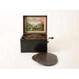 Symphonion music box in stained wooden box with 9 various metal plates, Germany ca. 1880, 18 x 27