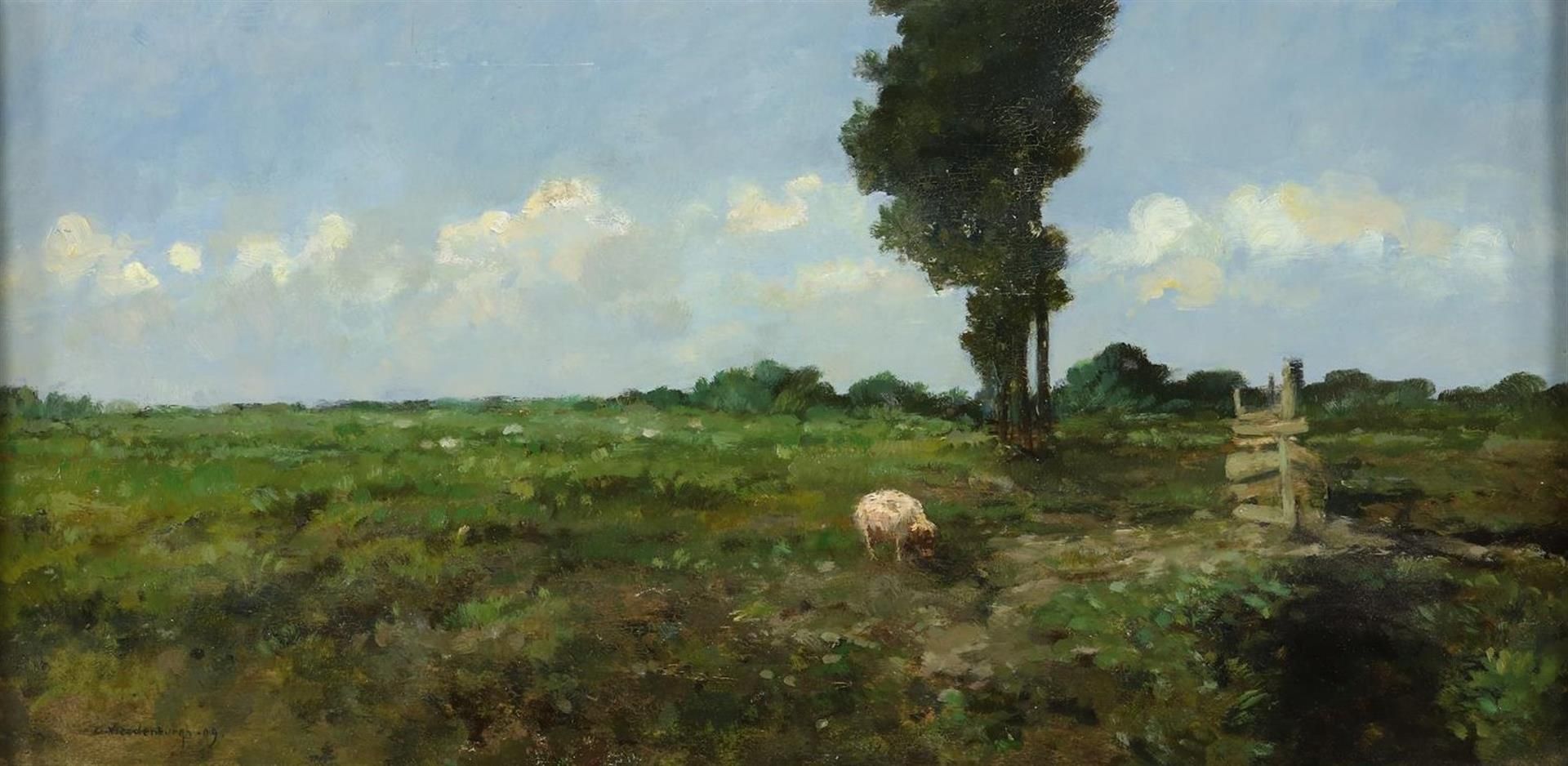 Cornelis Vreedenburgh (1880-1946) Dutch landscape, signed and dated 09' Panel 28 x 58 cm. Condition: