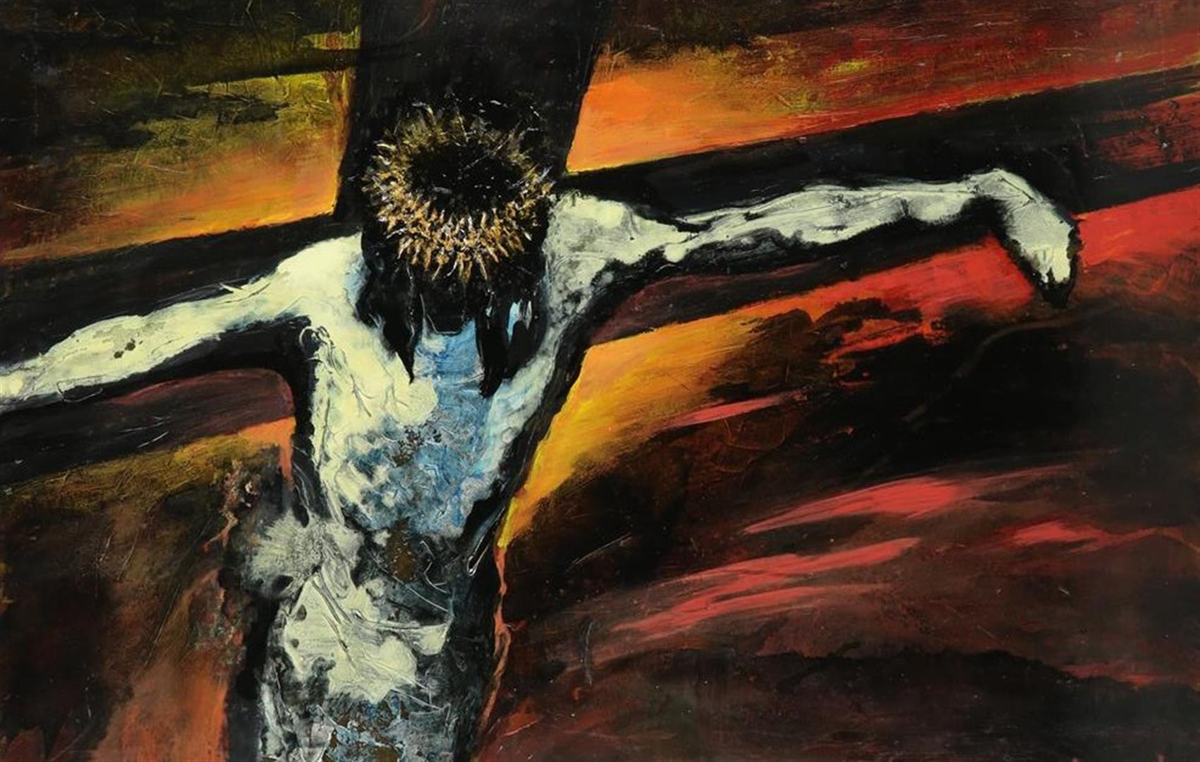 Ninke Kast (1926-2022) Jesus on the cross, signed and dated 2009 on the reverse, board 80 x 122cm.