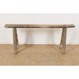 Wooden bench on V-shaped leg construction, possibly German, 53 x 128 x 31 cm.