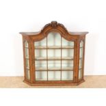 Burr walnut hanging display cabinet with windowed glass door and carved crest, 89 x 92 x 24 cm.