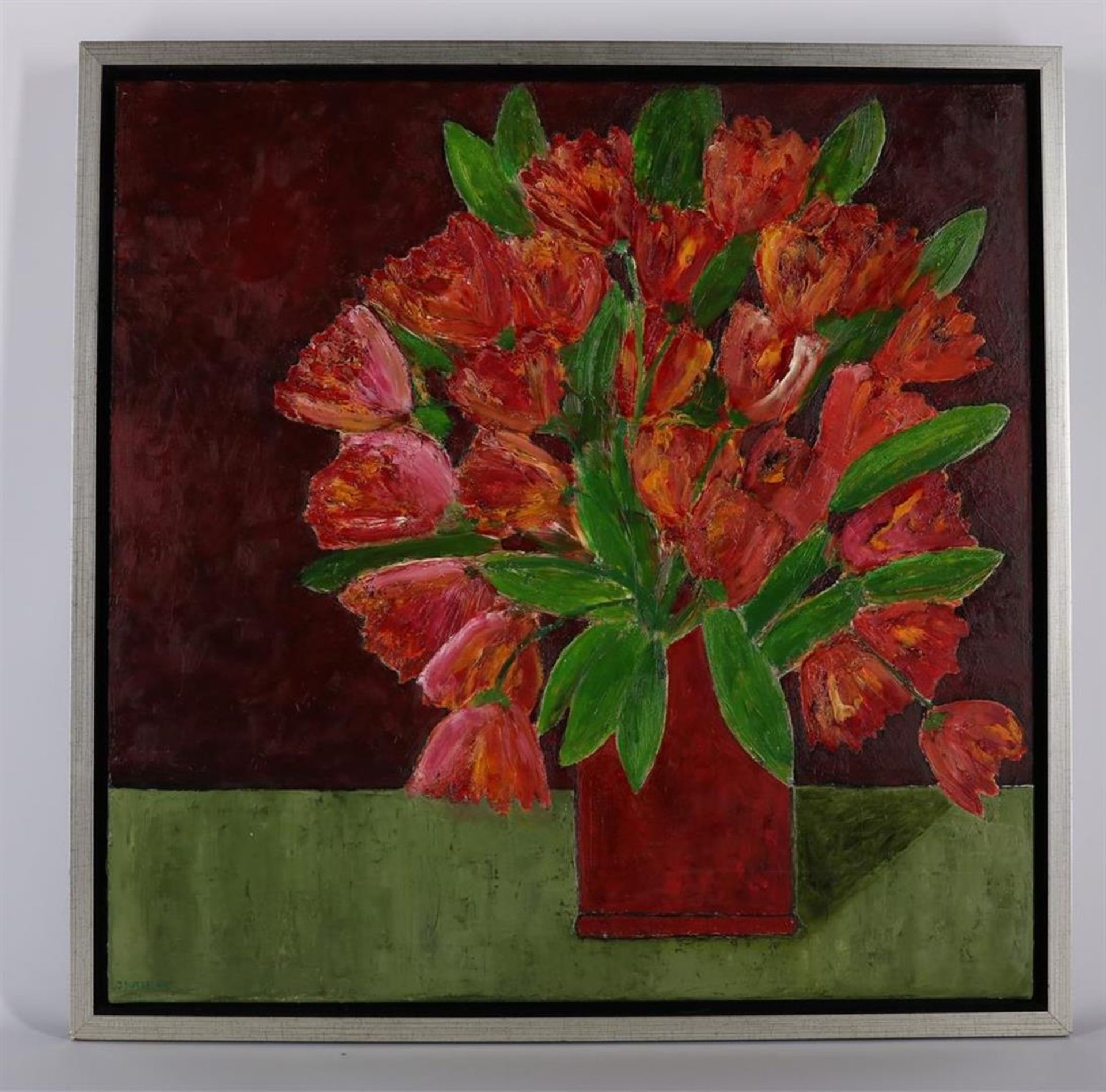 Hans Butzelaar (1945-) Still life with tulips, signed lower left. Oil on panel, 70 x 70 cm. - Image 2 of 4