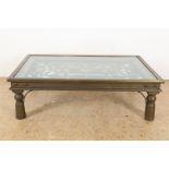 Teak coffee table with partly copper top and openwork iron plateau of figures, elephants and peacock