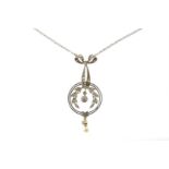 Platinum and yellow gold necklace bow ties pendant pendant set with diamond and seed pearl,