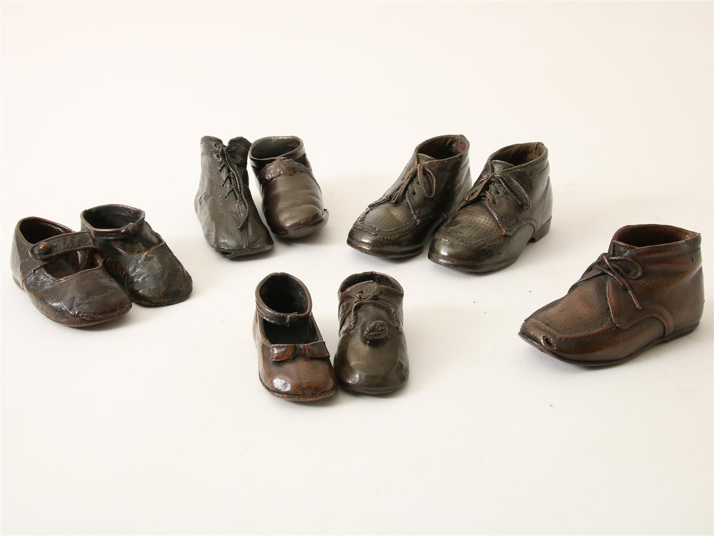 Collection of 7 antique bronze/burnished children's shoes and a later pair, various models/sizes,