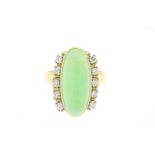 Bicolor gold marquis ring set with cabochon chrysoprase and diamond, brilliant cut, approximately