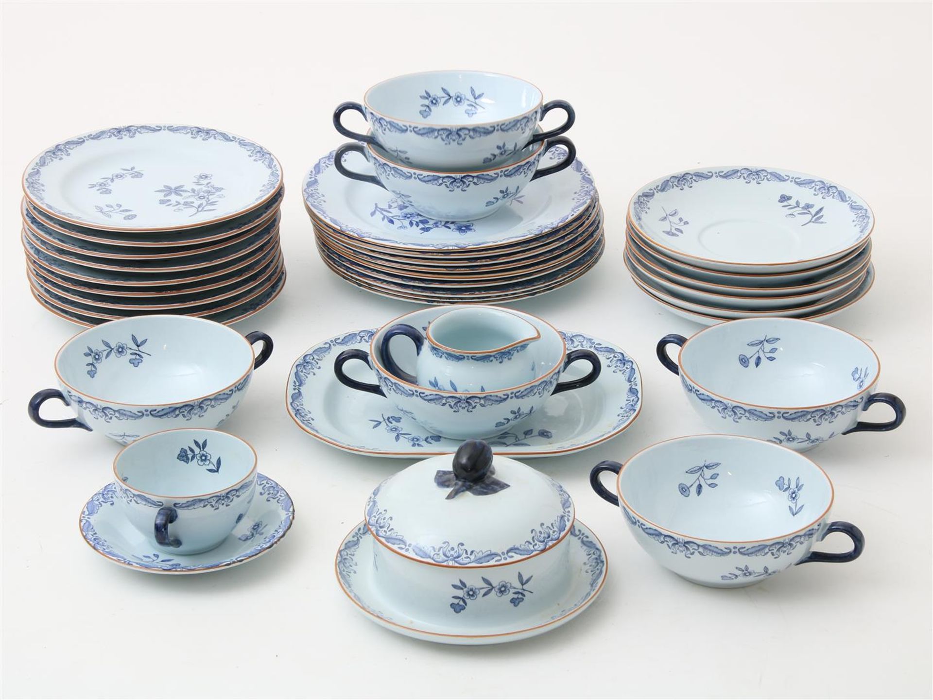 35 porcelain tableware pieces with flower decorations, marked Rorstrand East Indies, Sweden,