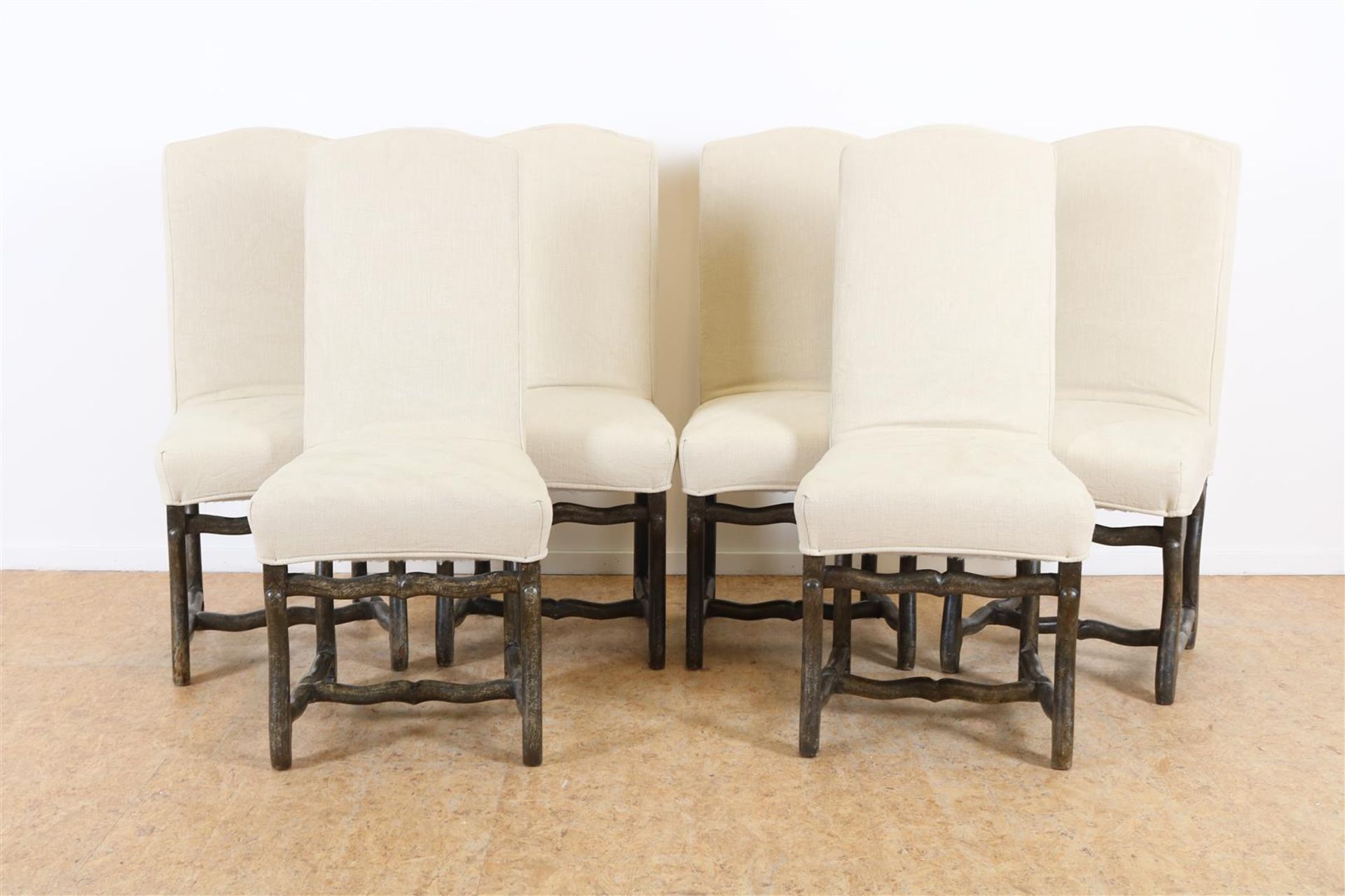 Series of 6 Baroque style chairs with cream upholstery.