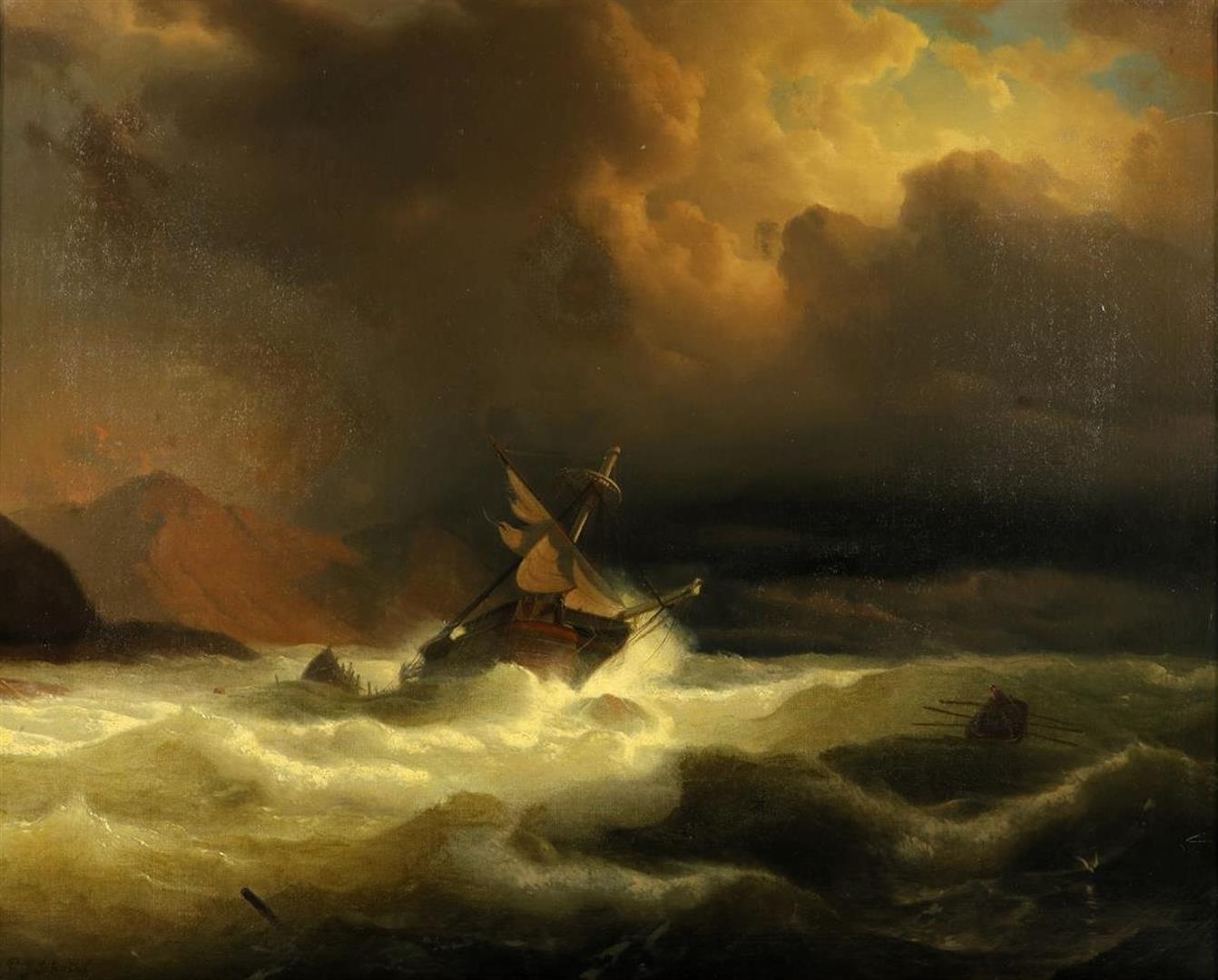 Ships on a raging sea, attributed to Petrus Johannes Schotel, signed bottom left, canvas 59 x 73