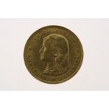 Golden tenner with image of Wilhelmina as a girl with hanging long hair, looking to the left,