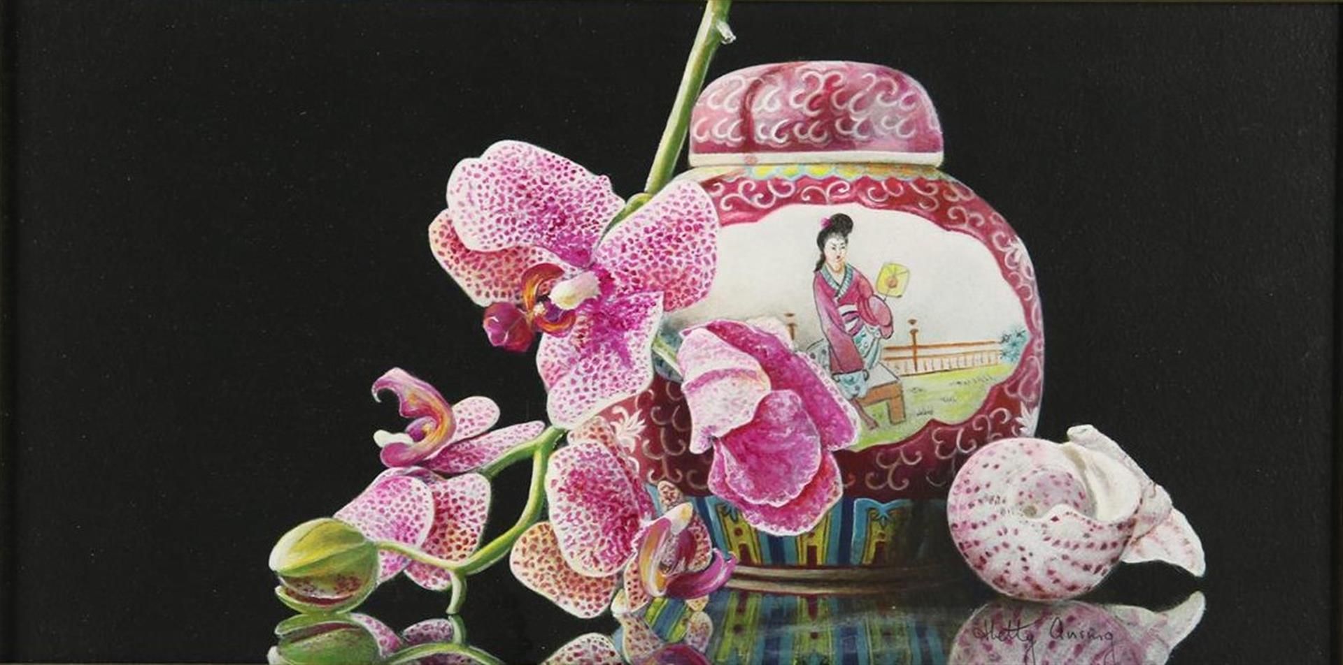 Hetty Ansing (1949-) Still life "A branch of Orchids", signed right below, panel 20 x 40 cm.