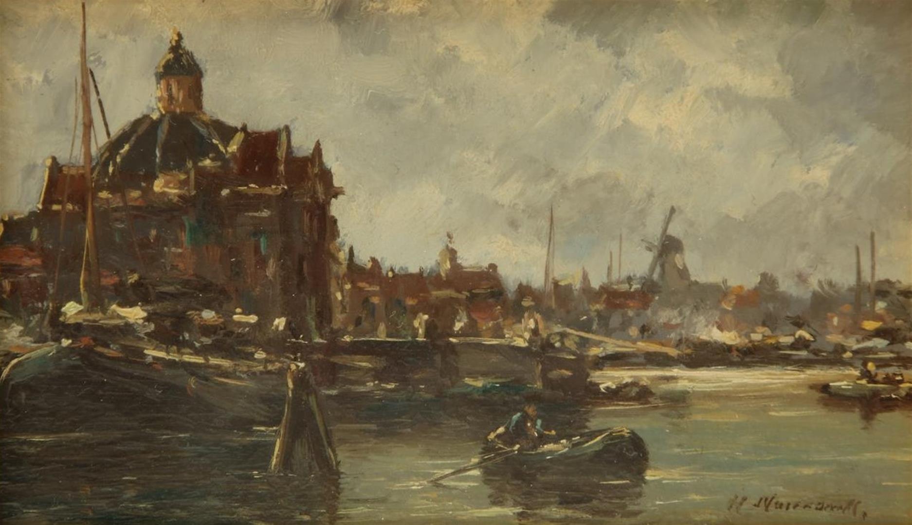 View of Kattenburg in Amsterdam, signed bottom right, panel, 7.5 x 13 cm.