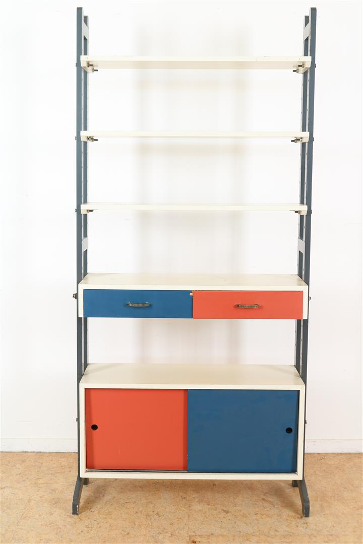 Painted wooden vintage wall cabinet with open shelves, 2 drawers and 2 sliding doors, 180 x 85 x
