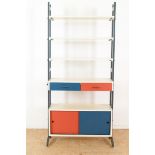 Painted wooden vintage wall cabinet with open shelves, 2 drawers and 2 sliding doors, 180 x 85 x