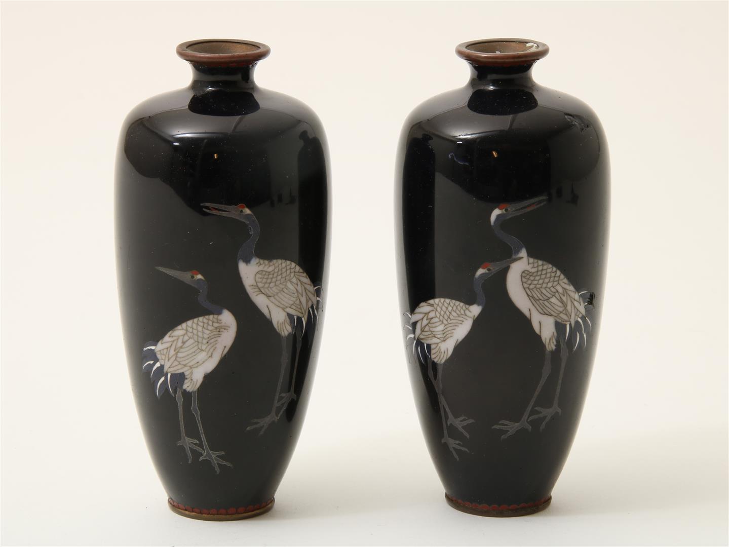 Set cloisonne vases, decorated with cranes, Japan Meiji period, both signed on the bottom, height: