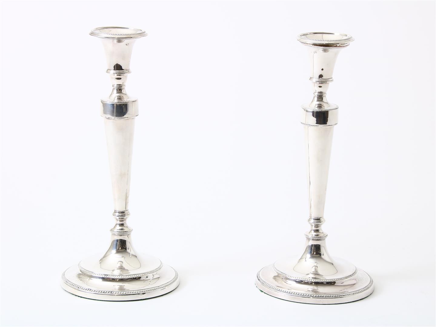 Set of candlesticks, decorated with pearl edge, engraved with monogram, Sheffield, England, maker'