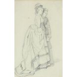 2 ladies in 19th century clothing, unsigned, study drawing 40 x 26 cm.