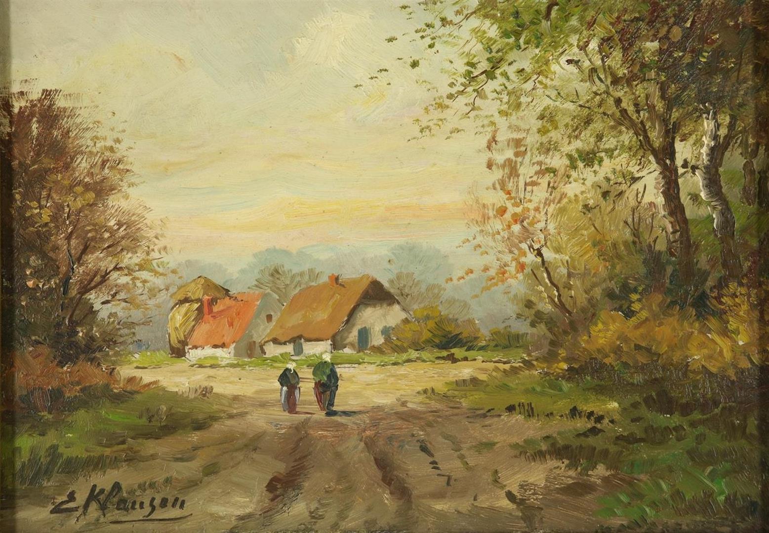 Landscape with figures, signed lower left E. Klaassen, Twente painter, approx 1930, oil on