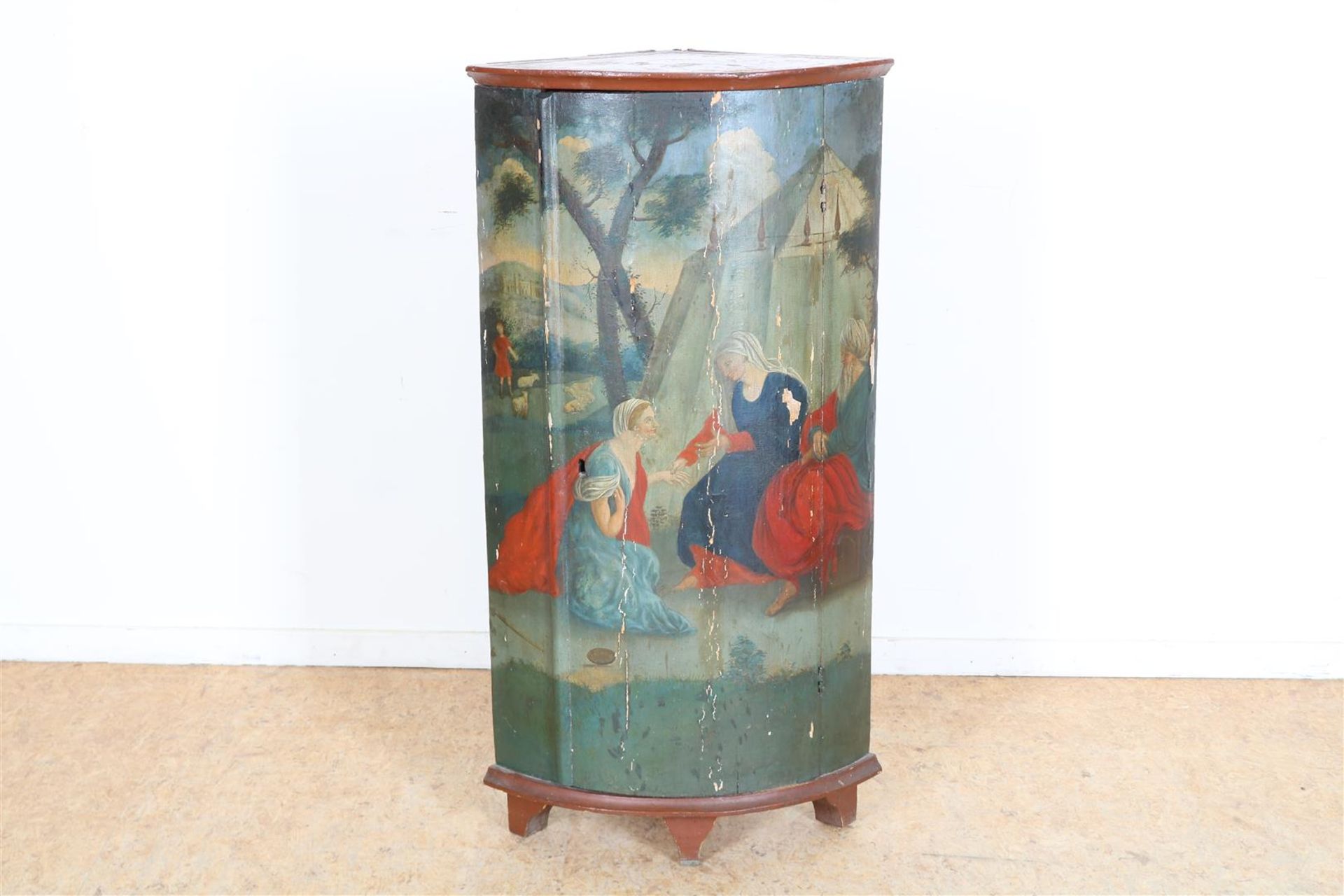 Polychrome painted corner cabinet with an image of Abraham and Sarah in front of a tent, Ameland