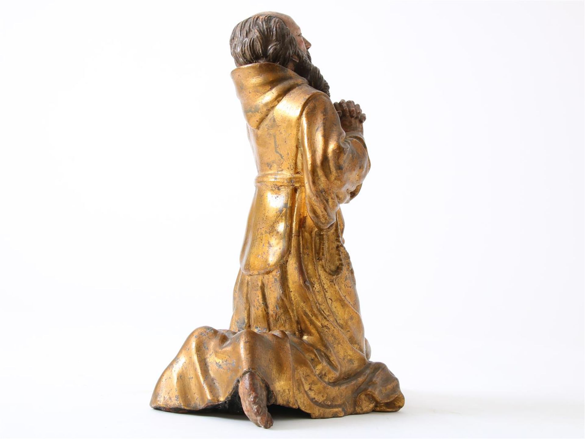 Partly gilded terracotta sculpture of kneeling Saint Francis of Paula (1416-1507) with beard and - Image 3 of 16