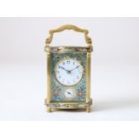 Gold-plated brass travel clock, with Arabic numerals, alarm clock, with cloissone enamel case and