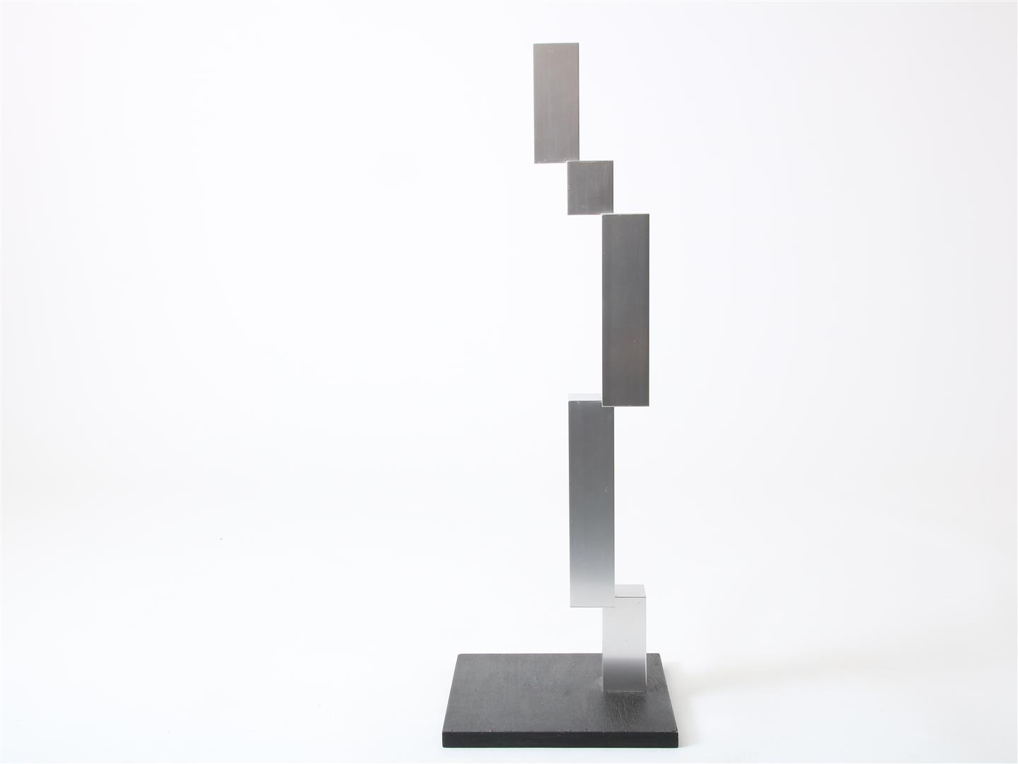 Lon Pennock (1945-2020) 'Stacking', metal sculpture on wooden base, signed below and dated 1981,