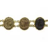 Yellow gold bracelet set with colored lava cameos with images of gods looking left and right in
