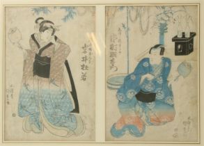 Set of Japanese woodblock prints of man and woman in frame, Meiji period