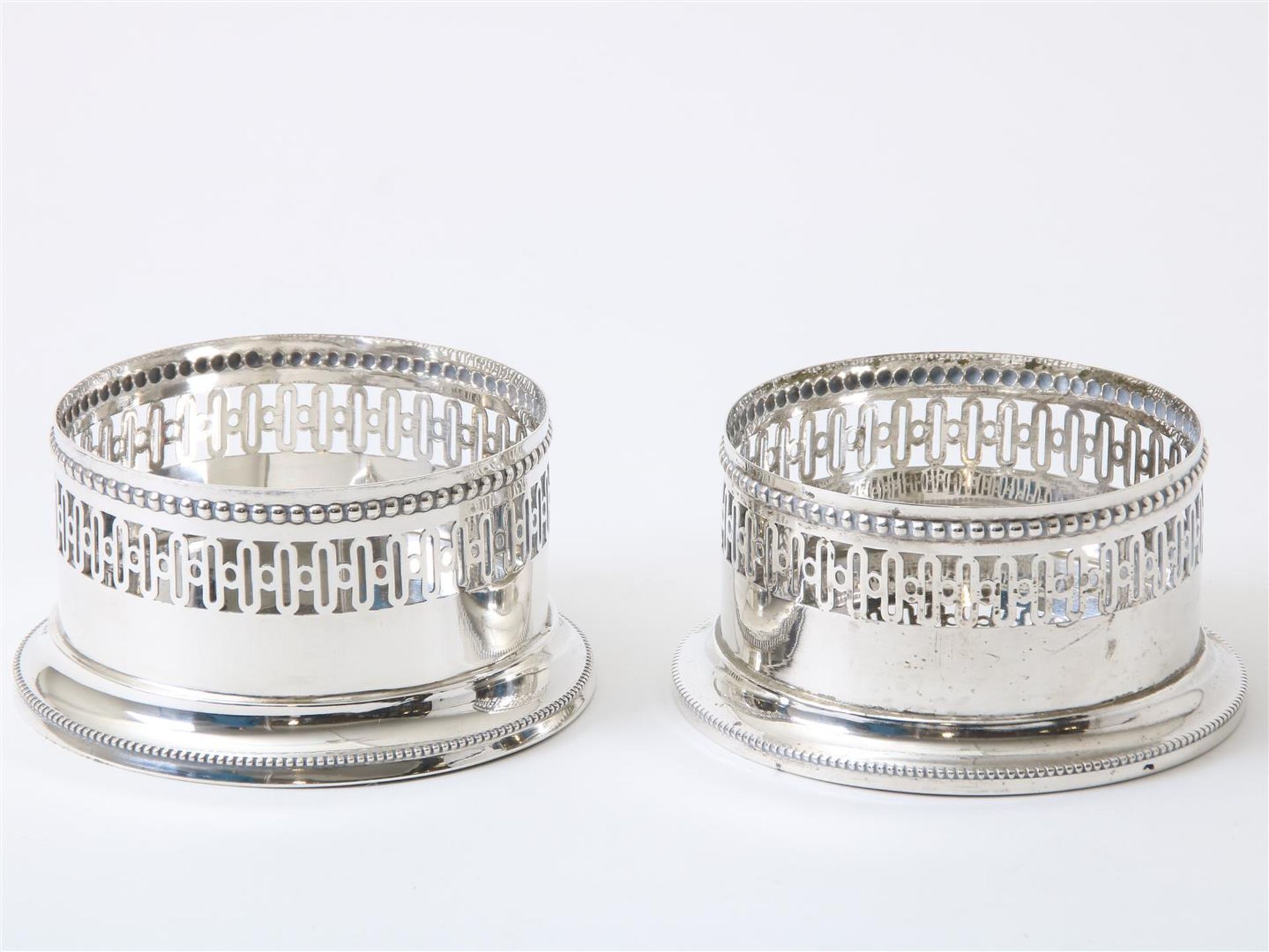 Openwork silver bottle containers with pearl rim, grade 800/000, BWG, Germany, 20th century, gross