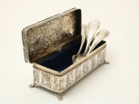 Silver spoon box with teaspoons