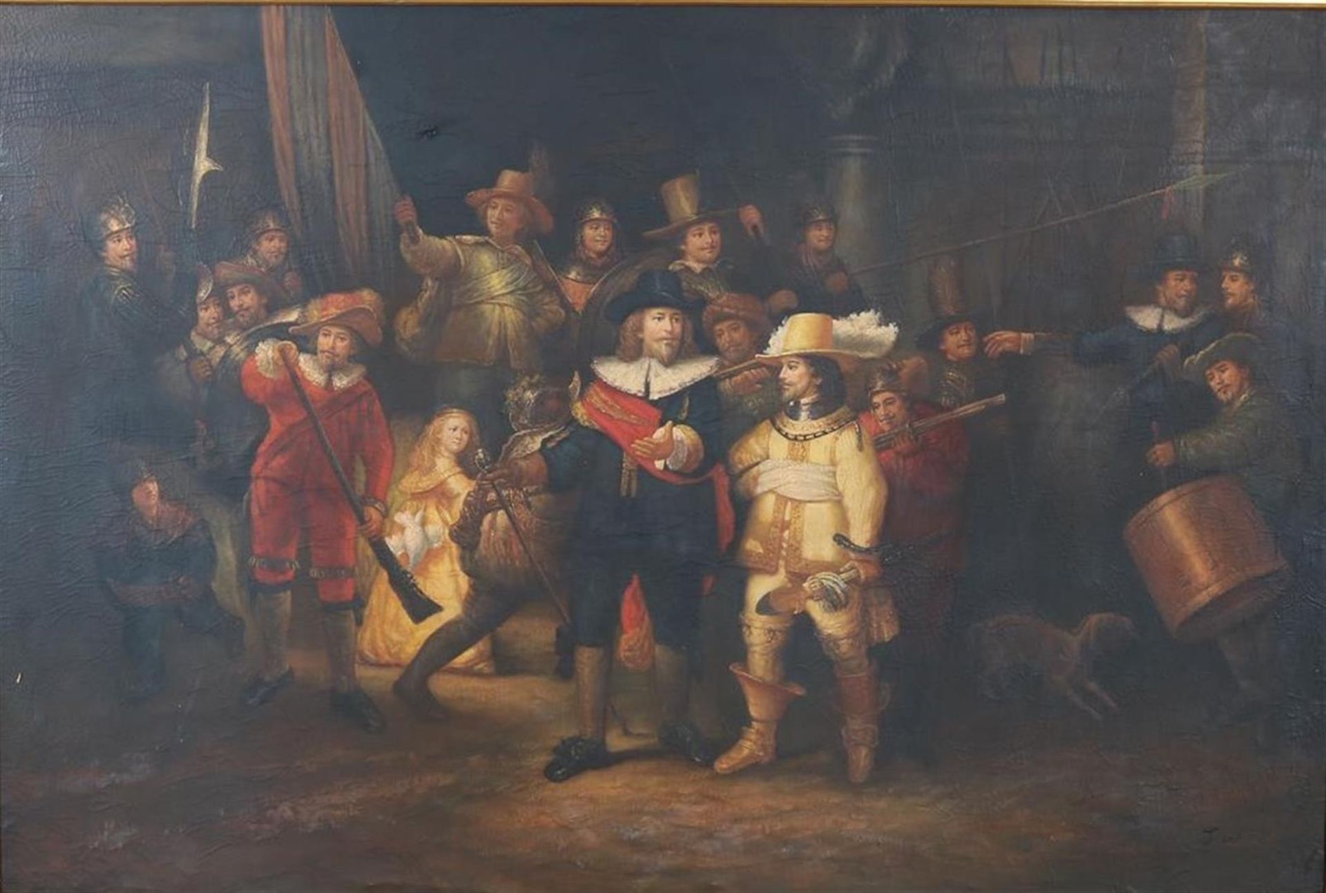 Painting after Rembrandt, the Night Watch, Danish painter, lots of crackle.