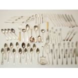 Silver plated cutlery with pearl edge, consisting of spoons, forks and knives and various serving