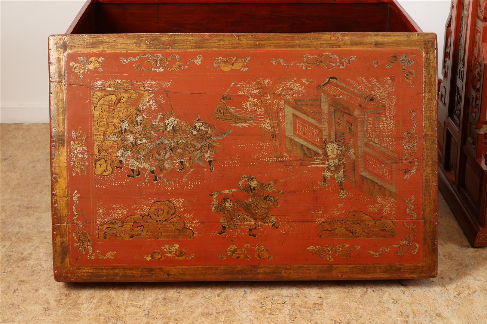 Red lacquer elm wood dowry stacking box with 3 stacking bins and a removable lid with painted - Image 5 of 9