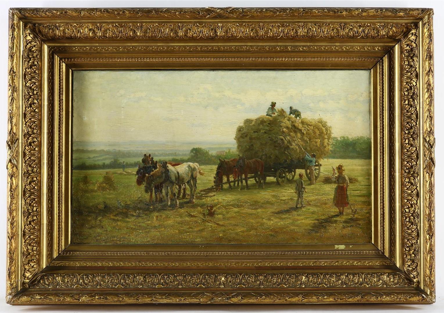 Cornelis Albertus Johannes Schermer (1824-1915) Loading the hay wagon, signed lower right. Oil on - Image 2 of 5