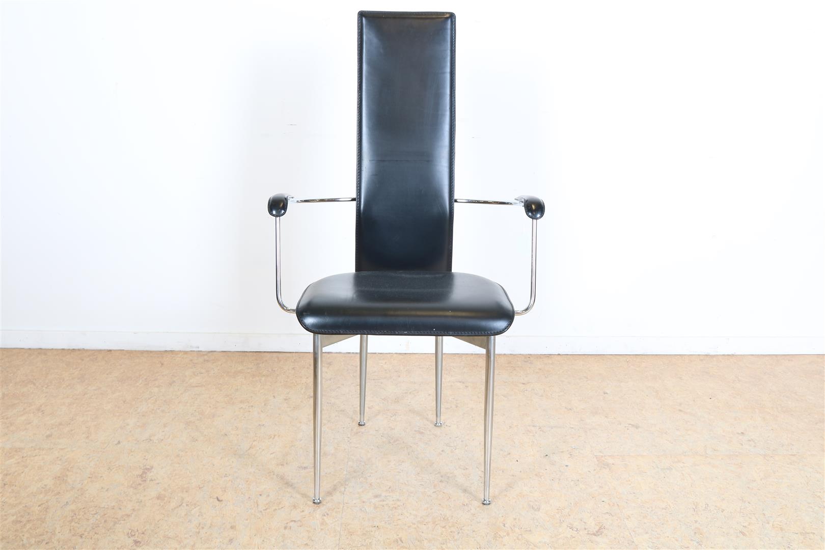 Series of 11bauhaus style dining room chairs, including 1 armchair with black saddle leather seat on - Image 4 of 7
